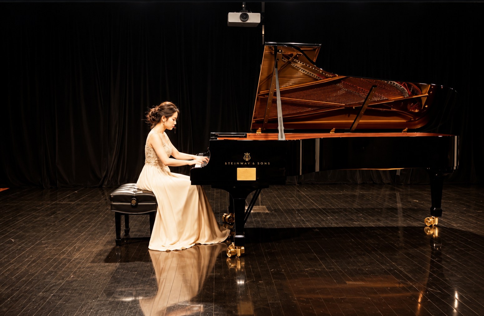Mary performing at a grand piano in an ivory concert gown